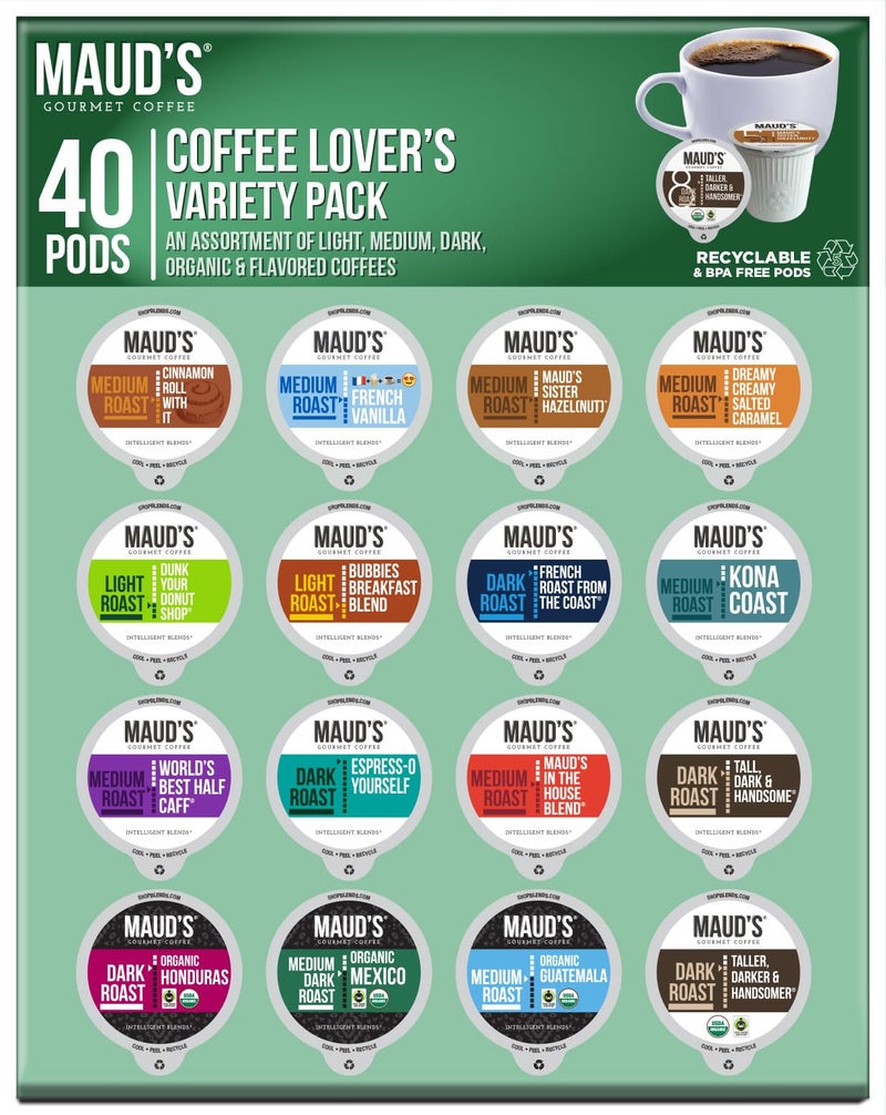 Maud's Coffee Lovers Variety Pack Coffee Pods, 40 ct, 16 Assorted Flavors, Flavored Coffee in Recyclable Single Serve Pods – 100% Arabica Coffee, Compatible with Keurig K Cups Maker - Image 1